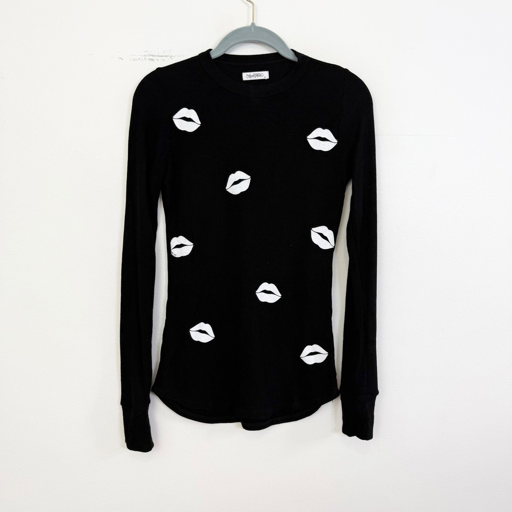 Lauren Moshi McKinley All Over Lips Top Black Long Sleeve Size Small - Picture 3 of 8